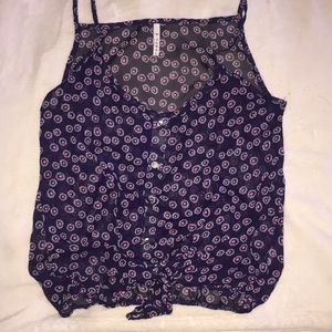 Button Down Navy Blue Sheer Tank w/ Flowers